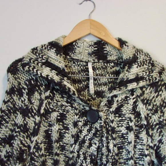 Chunky Knit Wool Cardigan Sweater 3/4 Sleeve Black Cream Gray Size Large - Picture 2 of 15